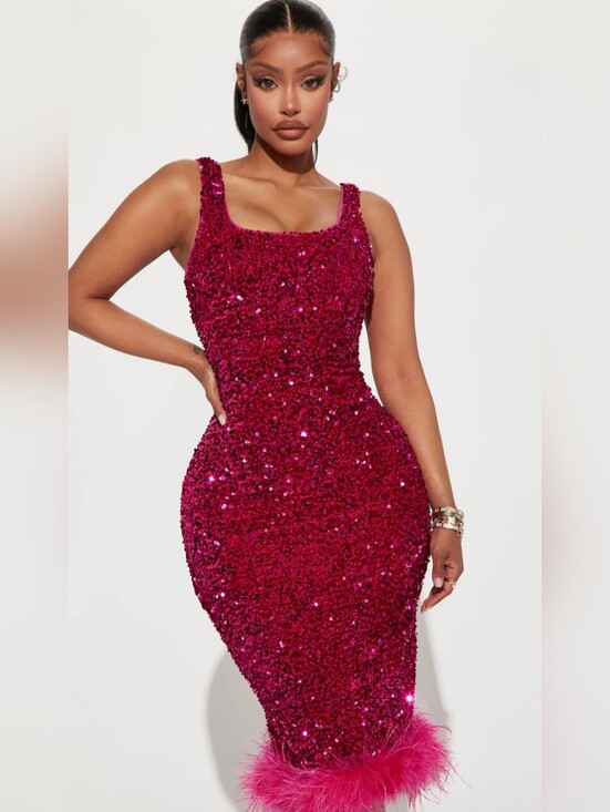 Fashion Nova Dresses & Skirts - Fashion Nova Dress, New! Size XL, Magenta Pink, Sequins Feathers